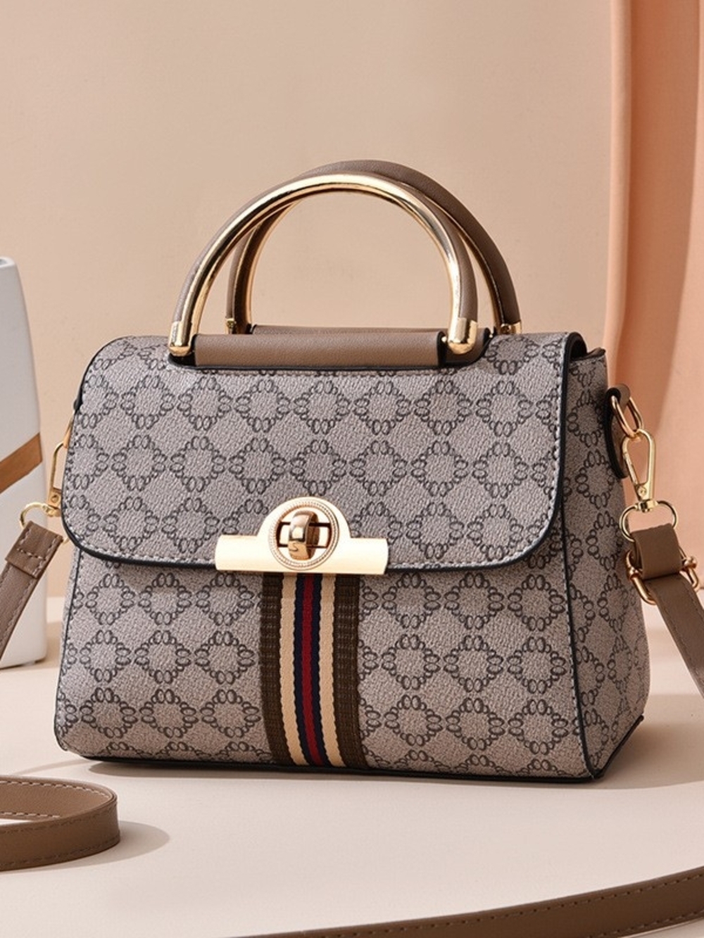 & Other Stories Taupe Patterned Satchel with Navy and Red Stripe